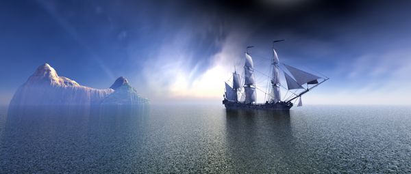 رندر سه بعدی کشتی دزدان دریایی در آسمان آبی و اقیانوس زیبا