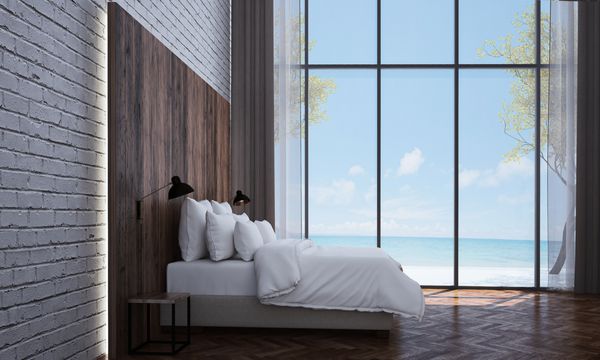طراحی داخلی اتاق خواب و منظره دریا