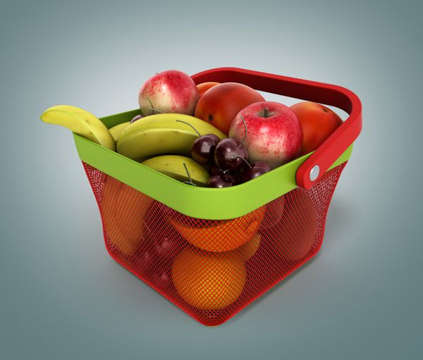 سبد خرید پر از میوه های تازه رندر سه بعدی در gradient backgr