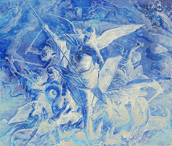 فرشته میکائیل در حال نبرد با اژدها حکاکی مدرسه ناصری چاپ شده در کتاب مقدس انتشارات St Vojtech ترناوا اسلواکی 1937