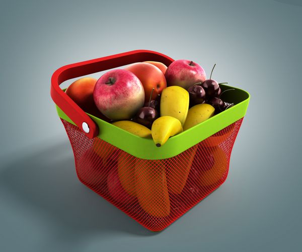 سبد خرید پر از میوه های تازه تصویر سه بعدی جدا شده در