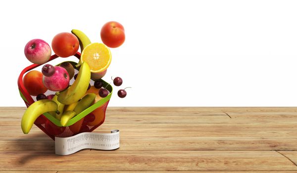 سبد خرید پر از میوه های تازه با رندر سه بعدی در wo