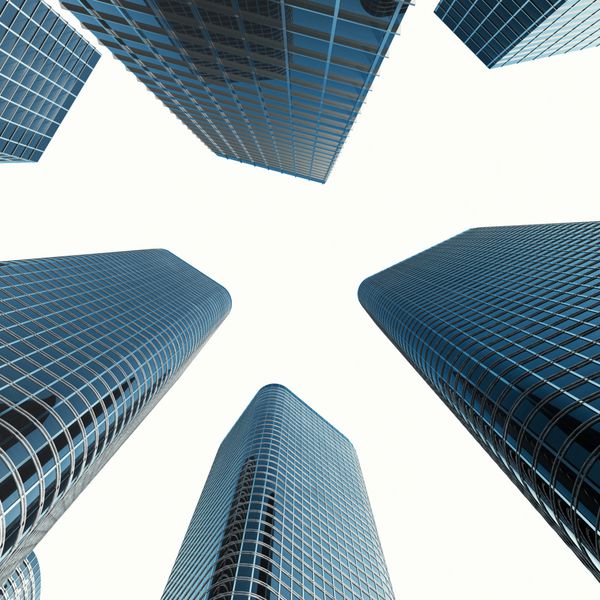 آسمان خراش های تجاری ساختمان های بلند نمای معماری به آسمان خورشید مفهوم اقتصادی مالی رندر سه بعدی