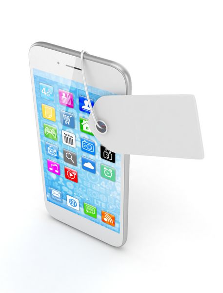 تلفن هوشمند سفید با برچسب قیمت سفید در پس زمینه سفید شناسه قیمت برچسب رندر سه بعدی