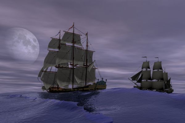 رندر سه بعدی از صحنه کشتی های دزدان دریایی در دریای آزاد
