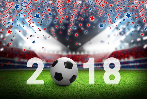 توپ فوتبال 2018 در زمین فوتبال در استادیوم روسیه با نور