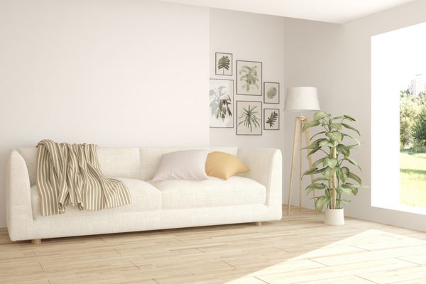 اتاق مدرن سفید با مبل طراحی داخلی اسکاندیناوی تصویرسازی سه بعدی