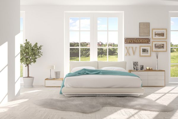 اتاق خواب سفید با چشم انداز سبز در پنجره طراحی داخلی اسکاندیناوی تصویرسازی سه بعدی