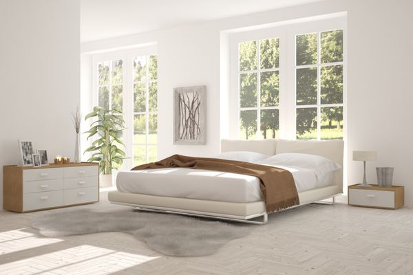 اتاق خواب سفید با چشم انداز سبز در پنجره طراحی داخلی اسکاندیناوی تصویرسازی سه بعدی