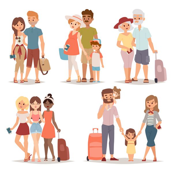افراد گروه خانواده مسافرتی که با هم در تعطیلات هستند وکتور مسطح کاراکتر