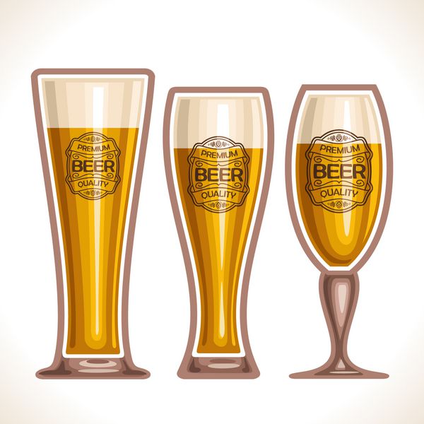 لوگوی وکتور برای فنجان های شیشه ای آبجو شامل 3 فنجان پر شده تا لبه آبجو لاگر و آبجو پیلسنر در زمینه سفید روی لیوان لیوانی با برچسب نوشیدنی الکلی کیفیت عالی