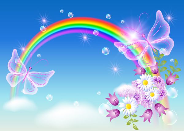 رنگین کمان و پروانه جادویی در آسمان
