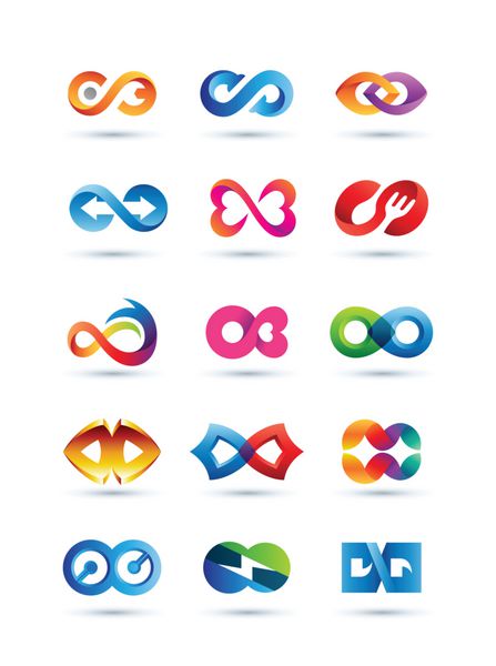 مجموعه ای از لوگوی بی نهایت انتزاعی - لوگوهای نمادهای پر جنب و جوش و رنگارنگ