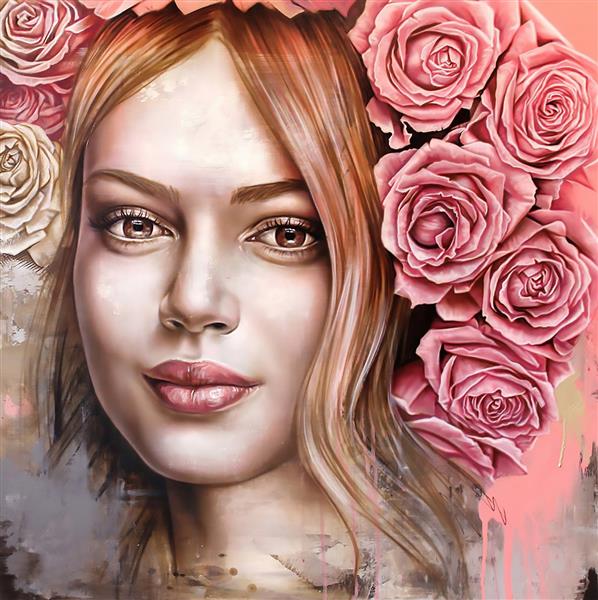 نقاشی دختر خندان با تاج گل رز صورتی