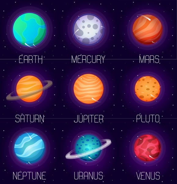 مجموعه وکتور سیارات منظومه شمسی به سبک کارتونی عناصر و نمادهای طراحی فضای بیرونی