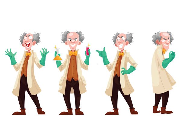 پروفسور دیوانه با کت آزمایشگاهی و دستکش لاستیکی سبز وکتور به سبک کارتونی جدا شده در پس‌زمینه سفید دانشمند مو سفید خنده دار بامزه در چهار حالت مختلف