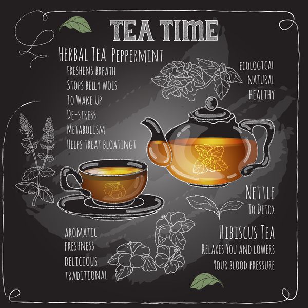کارت زمان چای گیاهی با فنجان قوری نعناع هیبیسکوس