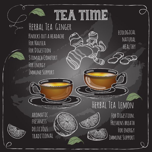 کارت زمان چای گیاهی با فنجان قوری لیمو زنجبیل