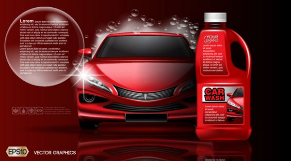 تبلیغات ماکت پکیج محصول کارواش با کیفیت بالا بطری صابون کارواش وکتور سه بعدی الگوی واقعی خودرو