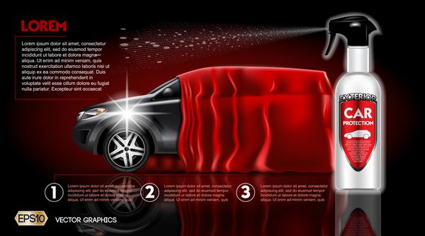 تبلیغات ماکت بسته اسپری محافظ خودرو با کیفیت بالا بطری صابون کارواش وکتور سه بعدی الگوی واقعی خودرو