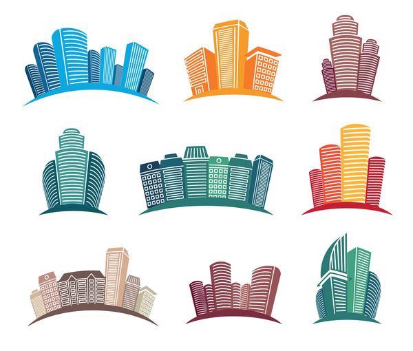 مجموعه نمادهای آسمان‌خراش‌های رنگارنگ جدا شده منظره شهری ساختمان‌های معماری در مجموعه تصاویر وکتور به سبک کارتونی