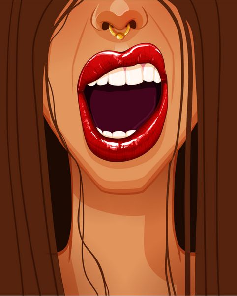 نمای نزدیک از صورت یک زن با لب های قرمز پر زیبا و دهان باز