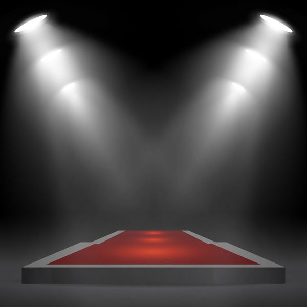 سکو پایه یا سکوی مربعی با فرش قرمز که توسط نورافکن ها در زمینه سیاه روشن می شود صحنه با نورهای منظره وکتور