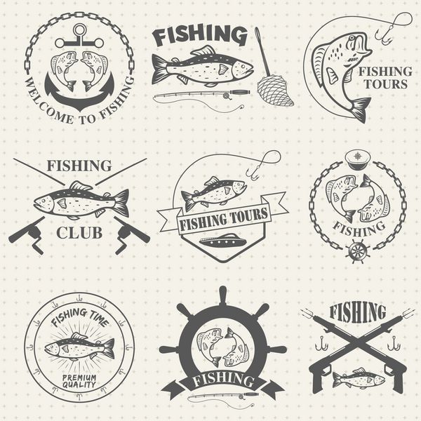 مجموعه ای از برچسب های ماهیگیری قدیمی نشان ها
