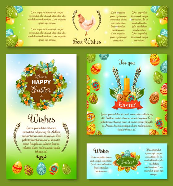 قالب پوستر و بنر جشن عید پاک را تبریک می گوید تخم مرغ طرح دار مرغ تاج گل بهاری شمع با سوسن دره و شاخه بید بنر روبان و پروانه