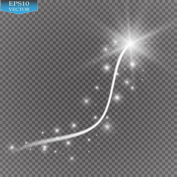 وکتور انتزاعی افکت نور دنباله ستاره درخشش جادویی با خط منحنی تاری نئونی به سمت بالا می‌آید جلوه ویژه کریسمس سفید و طلایی در پس زمینه شفاف