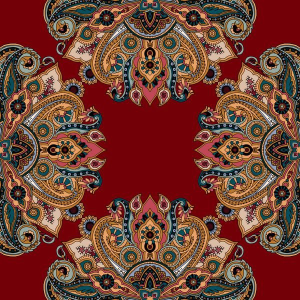 الگوی پیزلی بدون درز انتزاعی تزئینات هندسی ماندالای شرقی سنتی رنگ های عامیانه معتبر در پس زمینه قرمز تیره طراحی پارچه