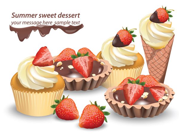 شیرینی و دسرهای خوشمزه با میوه تارتلت های شکلاتی و کاپ کیک وانیلی قنادی تابستانی شیرینی پزی با وکتور