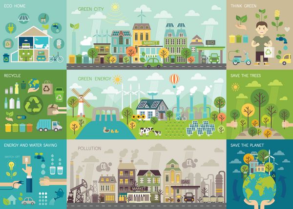 مجموعه اینفوگرافیک شهر سبز با نمودارها و عناصر دیگر