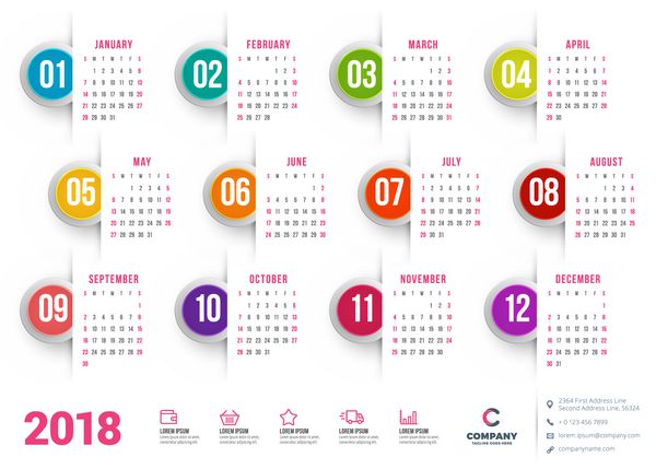 تقویم برای سال 2018 طرح وکتور قالب لوازم التحریر هفته از یکشنبه شروع می شود وکتور رنگی به سبک تخت الگوی تقویم سالانه