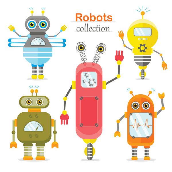 مجموعه ای از ربات های وکتور به سبک کارتونی ربات های وکتور جدا شده در پس زمینه سفید
