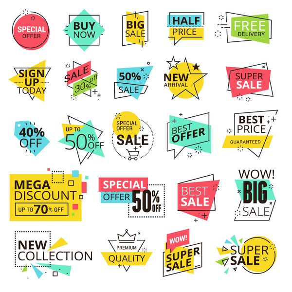 مجموعه برچسب های فروش برچسب‌های وکتور مدرن برای خرید تجارت الکترونیک تبلیغ محصول برچسب رسانه‌های اجتماعی بازاریابی
