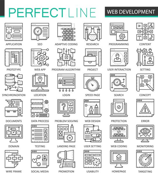 نمادهای مفهومی طرح کلی توسعه وب نمادهای خط نازک کامل SEO مجموعه تصاویر سبک خطی مدرن