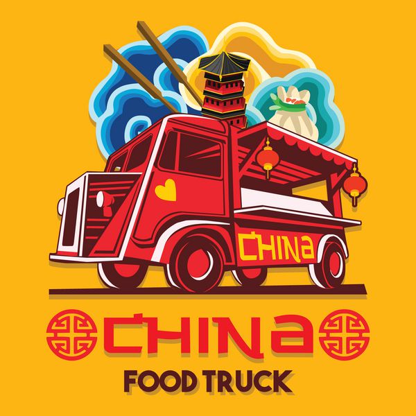 نشان‌واره کامیون غذا برای خدمات تحویل سریع رستوران چینی یا جشنواره غذا ون کامیون با لوگوی وکتور پیراشکی میگو تبلیغاتی