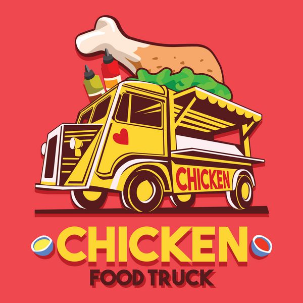 نشان‌واره کامیون حمل غذا برای سرویس تحویل سریع بال‌های مرغ سرخ‌شده یا جشنواره غذای تابستانی لوگوی وکتور ون کامیون با بال مرغ سرخ شده تبلیغاتی