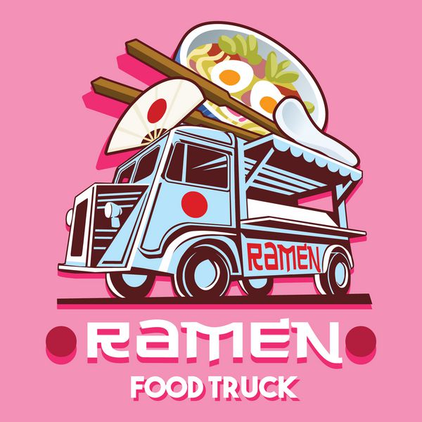 لوگوی کامیون غذا برای خدمات تحویل سریع رستوران ژاپنی رامن یا جشنواره غذا ون کامیون با آرم وکتور تبلیغات تبلیغاتی رامن