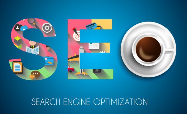 مفهوم بهینه سازی موتور جستجو SEO با طراحی مسطح و تعداد زیادی آیکون پشت سر