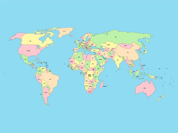 نقشه جهان با نام کشورهای مستقل و مناطق وابسته بزرگتر نقشه وکتور ساده شده در چهار رنگ در پس زمینه آبی