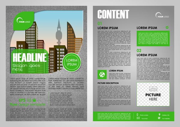 وکتور بروشور تجارت شرکتی گزارش سالانه طراحی بروشور و ارائه جلد به رنگ سبز با شهر در برگ