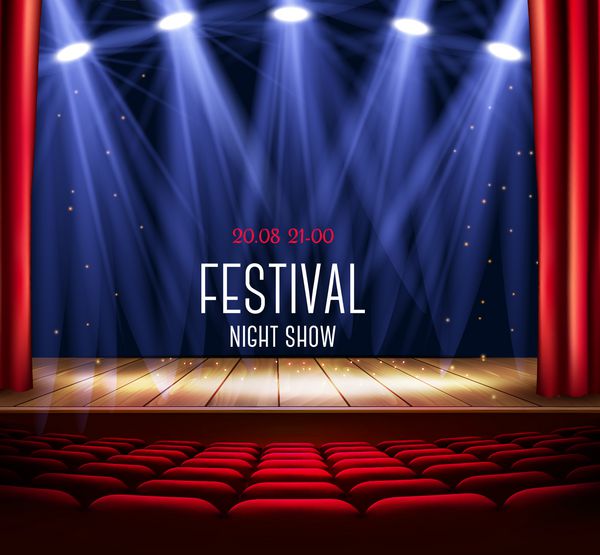صحنه تئاتر با پرده قرمز و نورافکن پوستر نمایش شب جشنواره بردار