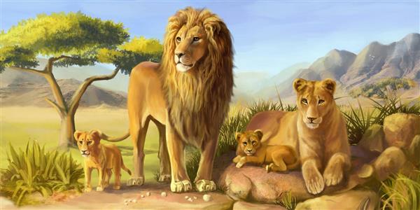 نقاشی هنری از خانواده شیرها در بیشه