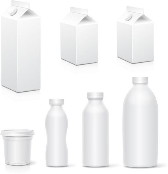 مجموعه جعبه های بسته بندی کارتن سفید شیر و آبمیوه وکتور ماکت بسته واقعی لبنیات