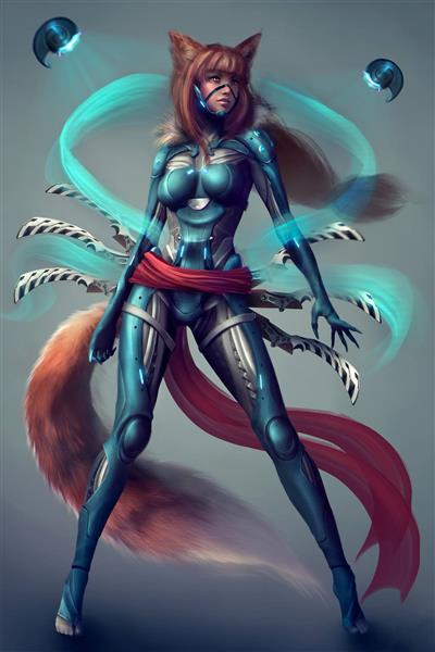 زن جنگجو در لباس روباه نقاشی دیجیتال