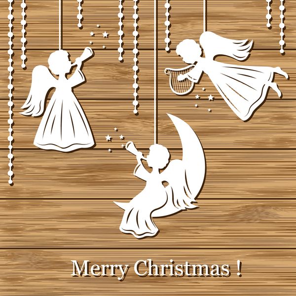 پیشواز کریسمس کارت پستال با فرشتگان در زمينه چوب