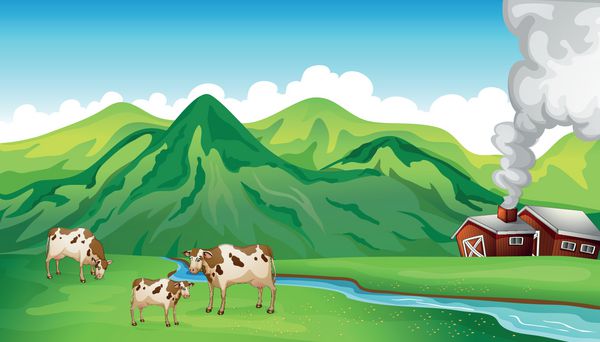 تصویری از خانه مزرعه و گاوها در نزدیکی کوه