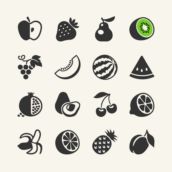 مجموعه ای از آیکون ساده سیاه و سفید میوه ها و انواع توت ها